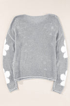 Light Grey Big Flower Hollowed Knit Drop Shoulder Sweater