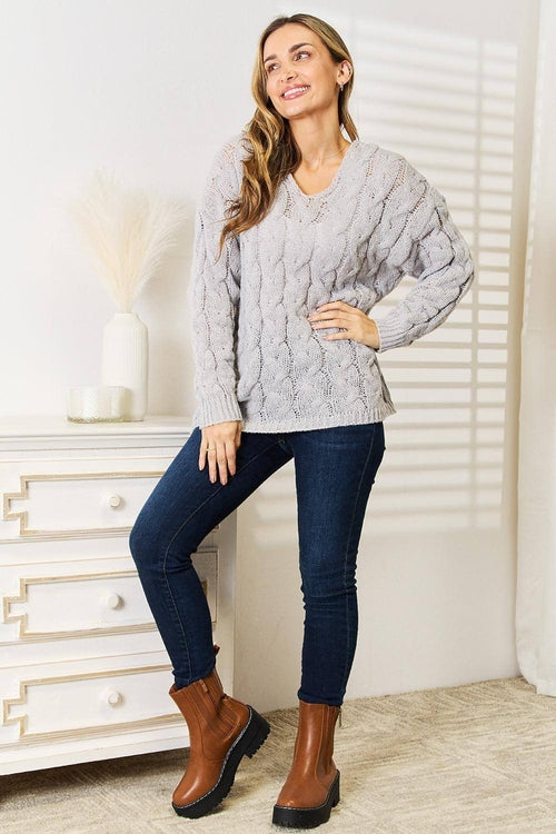Woven Right Cable-Knit Hooded Sweater.